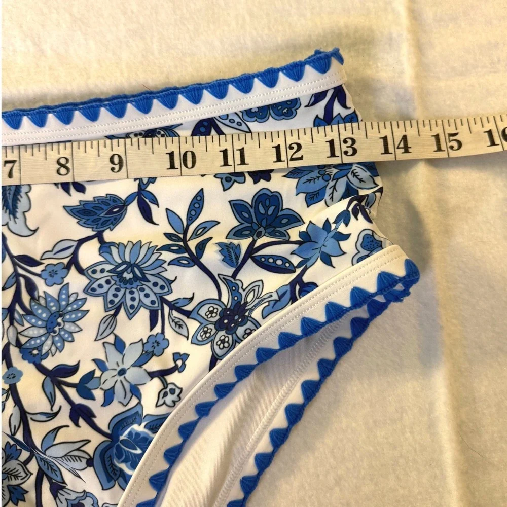 Blue White Floral Chintz Ric Rac High Waisted Bikini Swimsuit Size Smal New